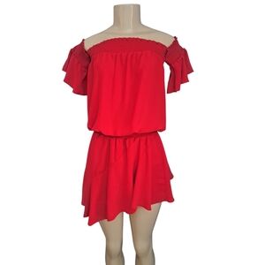 Amanda Uprichard Red Off Shoulder Smocked Mini Dress Made in USA